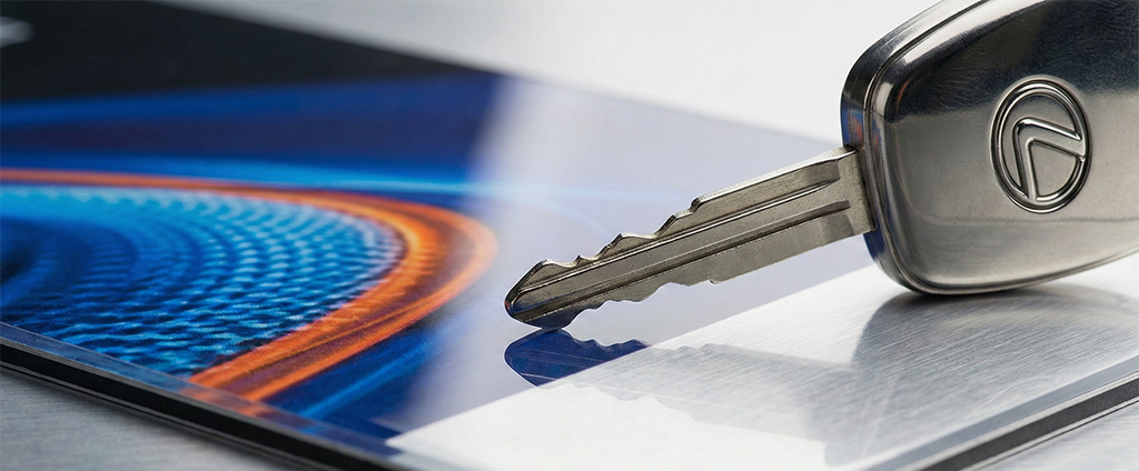 Nahaufnahme Kratzschutz auf Werbeschild: Schlüssel kratzt über Oberfläche ohne Schaden zu hinterlassen