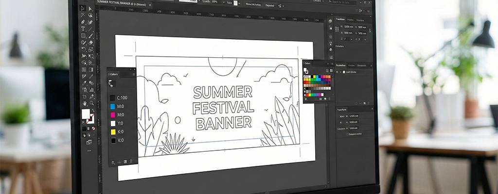 Grafiker erstellt Druckdaten am Monitor mit CMYK Farbräumen